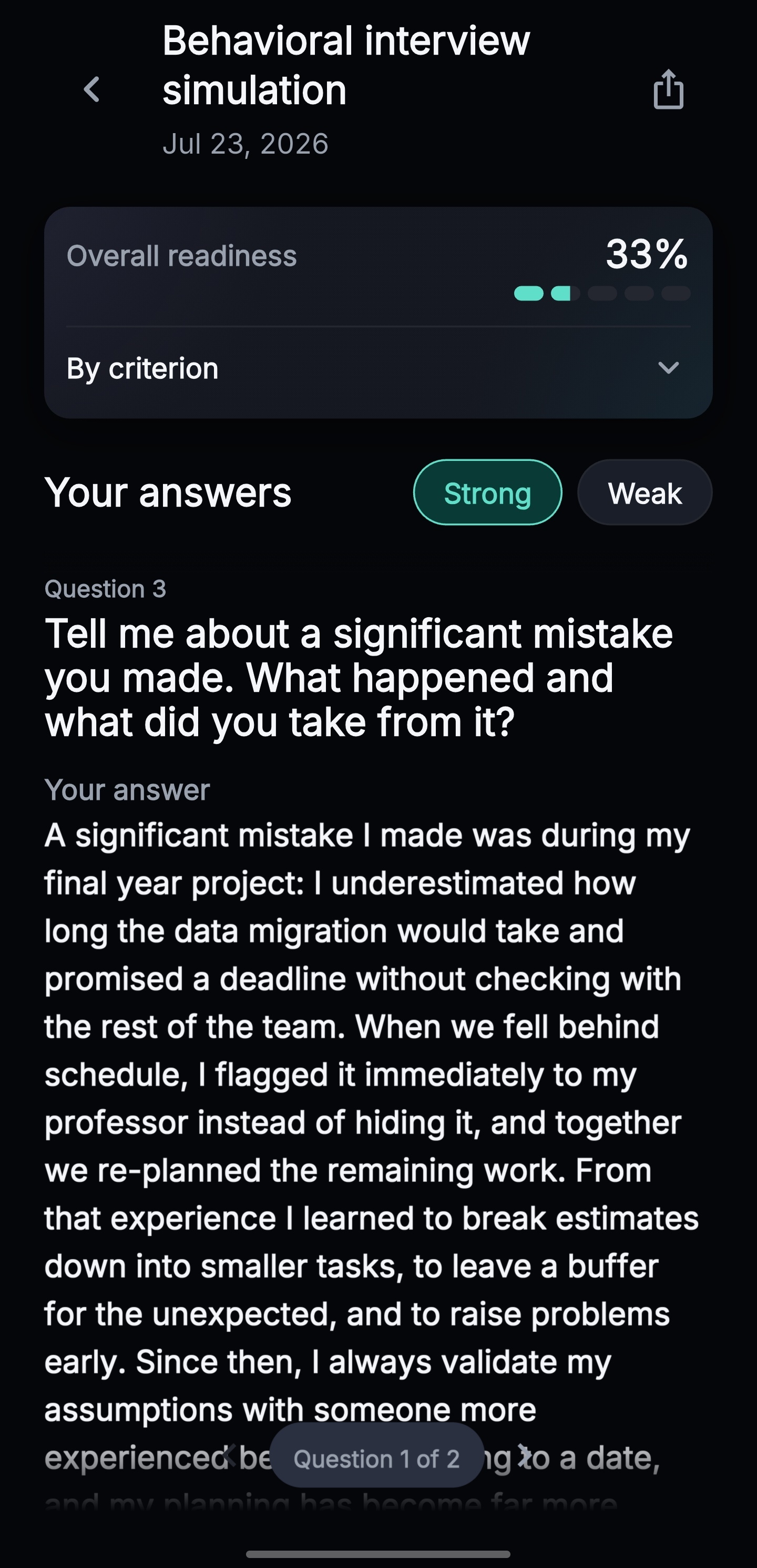 Session summary showing overall readiness and an evaluated answer
