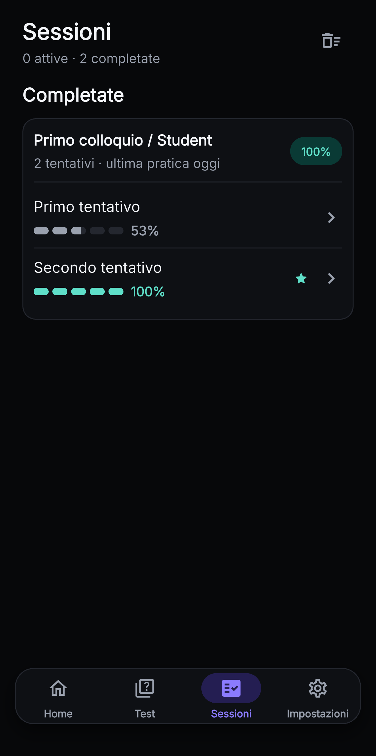 Elenco delle sessioni completate con i progressi